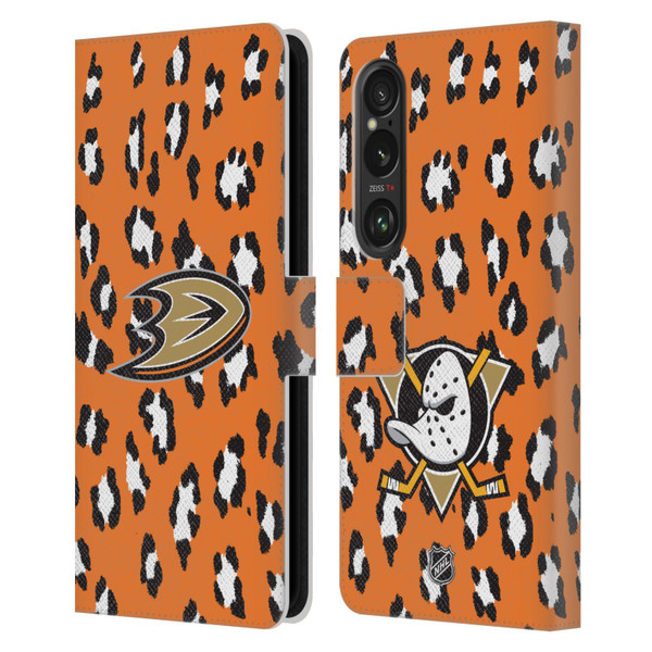 NHL Anaheim Ducks Leopard Patten Leather Book Wallet Case Cover For Sony Xperia 1 VI 5G