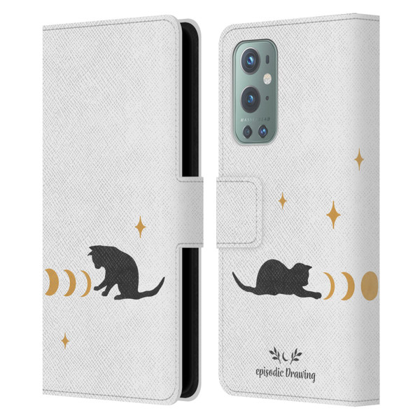 Episodic Drawing Mix Illustrations Cat And Moon Leather Book Wallet Case Cover For OnePlus 9