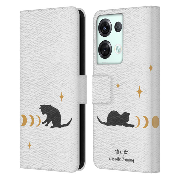 Episodic Drawing Mix Illustrations Cat And Moon Leather Book Wallet Case Cover For OPPO Reno8 Pro