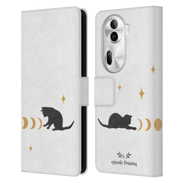 Episodic Drawing Mix Illustrations Cat And Moon Leather Book Wallet Case Cover For OPPO Reno11