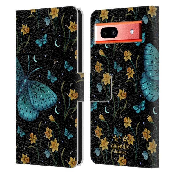 Episodic Drawing Moth Patterns Daffodil Flowers Leather Book Wallet Case Cover For Google Pixel 7a