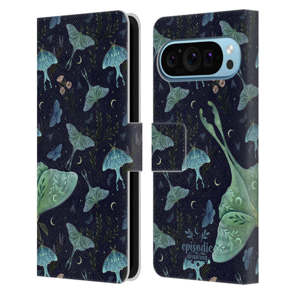 Episodic Drawing Moth Patterns Green Leather Book Wallet Case Cover For Google Pixel 9 / Pixel 9 Pro