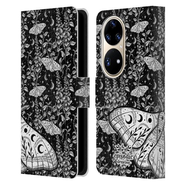 Episodic Drawing Moth Patterns White Leather Book Wallet Case Cover For Huawei P50 Pro