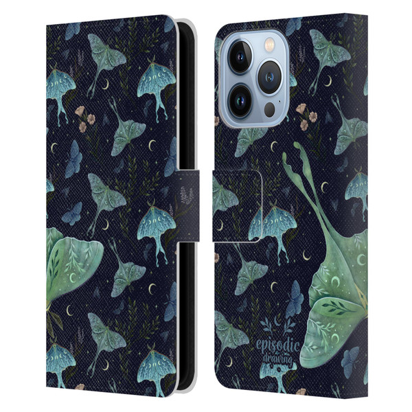 Episodic Drawing Moth Patterns Green Leather Book Wallet Case Cover For Apple iPhone 13 Pro