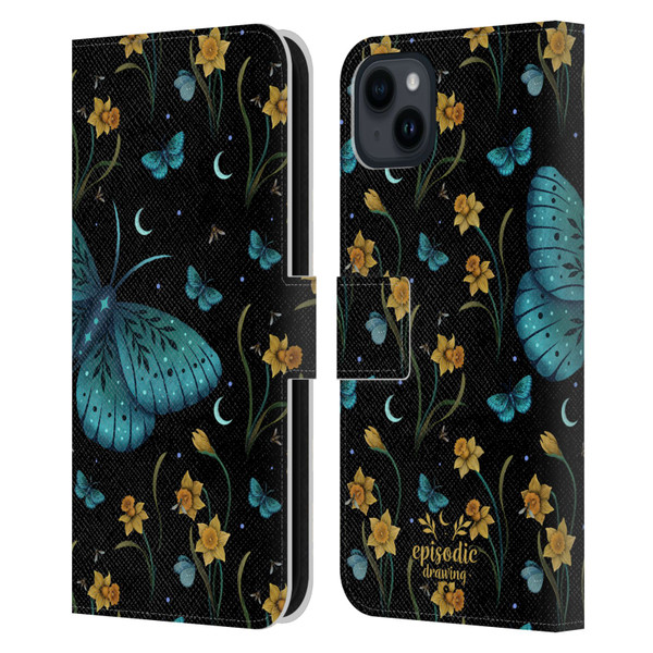Episodic Drawing Moth Patterns Daffodil Flowers Leather Book Wallet Case Cover For Apple iPhone 15 Plus