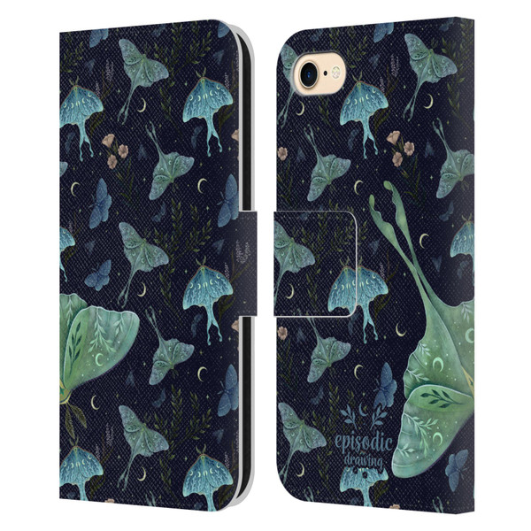Episodic Drawing Moth Patterns Green Leather Book Wallet Case Cover For Apple iPhone 7 / 8 / SE 2020 & 2022