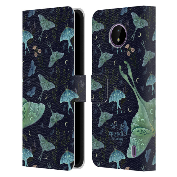Episodic Drawing Moth Patterns Green Leather Book Wallet Case Cover For Nokia C10 / C20