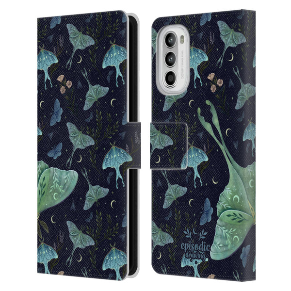 Episodic Drawing Moth Patterns Green Leather Book Wallet Case Cover For Motorola Moto G52