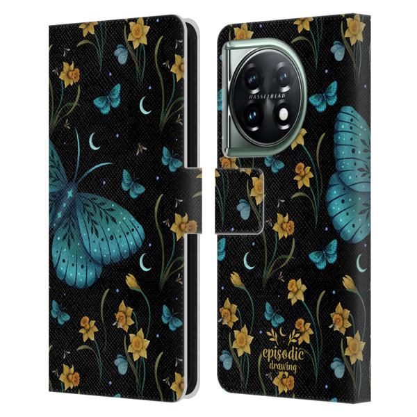 Episodic Drawing Moth Patterns Daffodil Flowers Leather Book Wallet Case Cover For OnePlus 11 5G