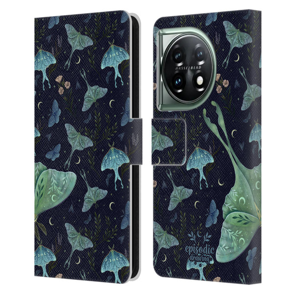 Episodic Drawing Moth Patterns Green Leather Book Wallet Case Cover For OnePlus 11 5G