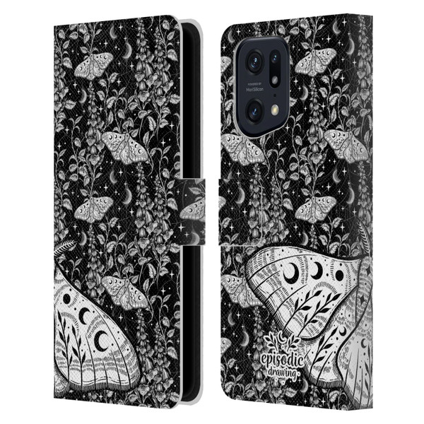 Episodic Drawing Moth Patterns White Leather Book Wallet Case Cover For OPPO Find X5 Pro