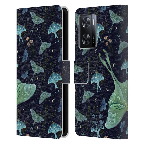 Episodic Drawing Moth Patterns Green Leather Book Wallet Case Cover For OPPO A57s