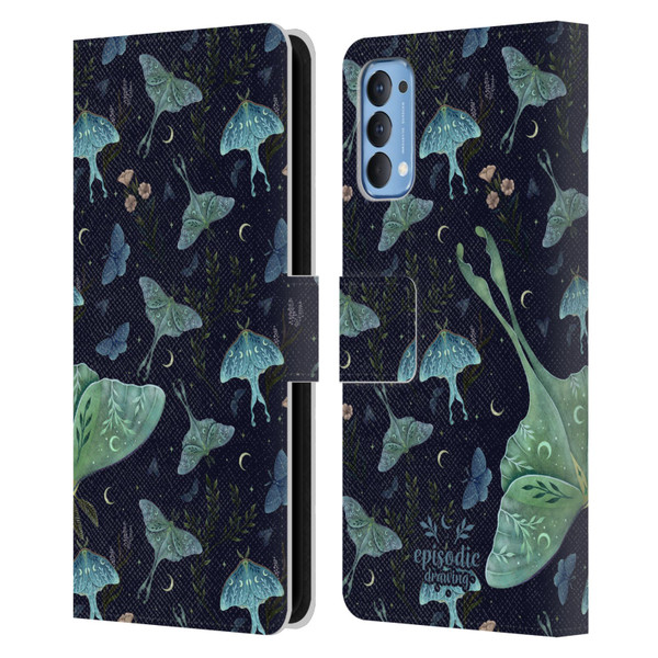 Episodic Drawing Moth Patterns Green Leather Book Wallet Case Cover For OPPO Reno 4 5G