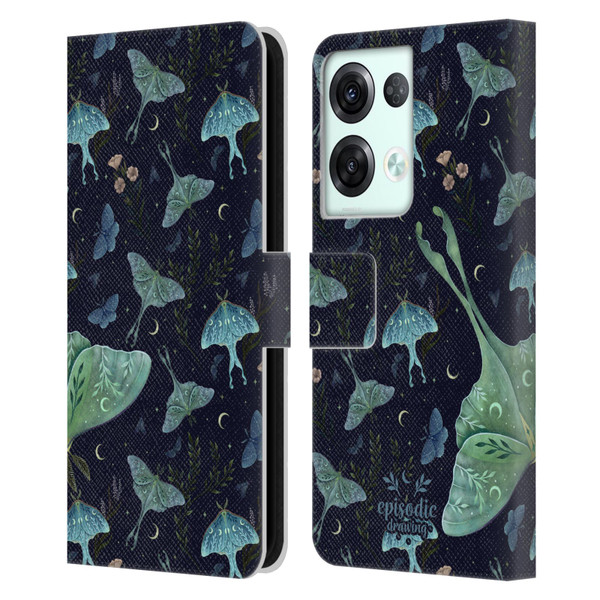 Episodic Drawing Moth Patterns Green Leather Book Wallet Case Cover For OPPO Reno8 Pro
