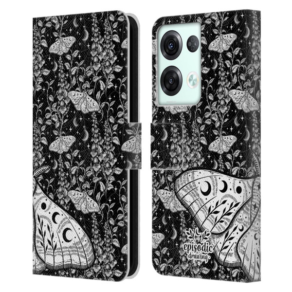Episodic Drawing Moth Patterns White Leather Book Wallet Case Cover For OPPO Reno8 Pro