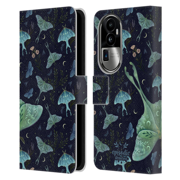 Episodic Drawing Moth Patterns Green Leather Book Wallet Case Cover For OPPO Reno10 Pro+