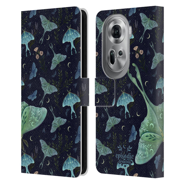 Episodic Drawing Moth Patterns Green Leather Book Wallet Case Cover For OPPO Reno11 Pro