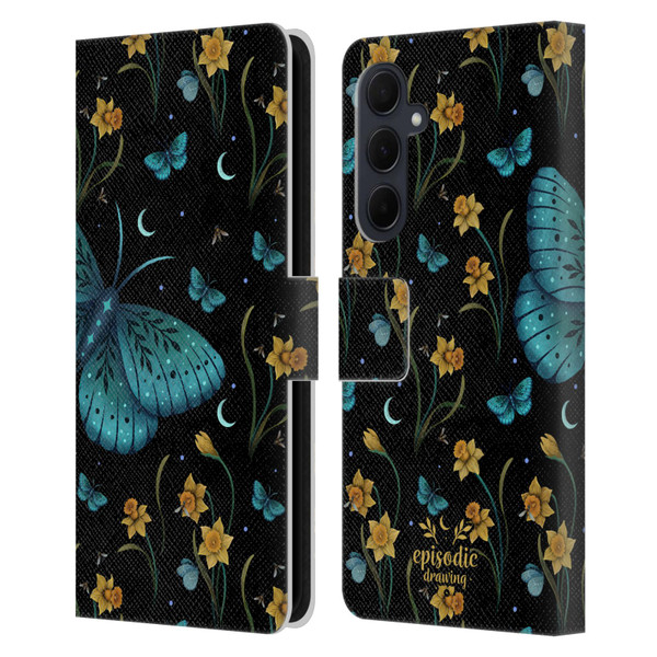 Episodic Drawing Moth Patterns Daffodil Flowers Leather Book Wallet Case Cover For Samsung Galaxy A35 5G