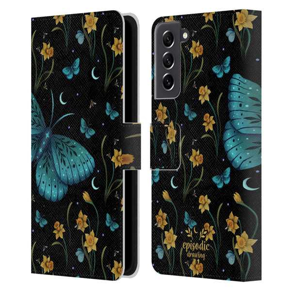 Episodic Drawing Moth Patterns Daffodil Flowers Leather Book Wallet Case Cover For Samsung Galaxy S21 FE 5G