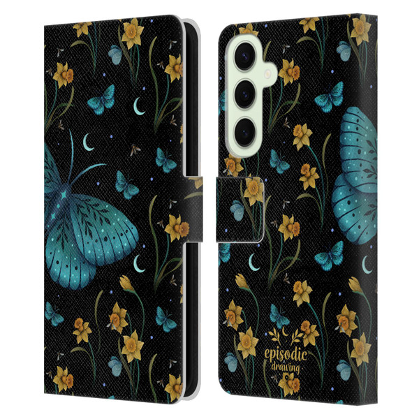 Episodic Drawing Moth Patterns Daffodil Flowers Leather Book Wallet Case Cover For Samsung Galaxy S25+