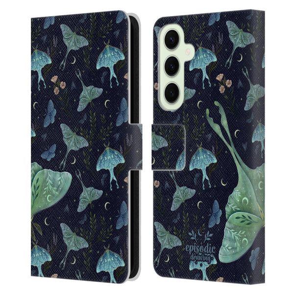 Episodic Drawing Moth Patterns Green Leather Book Wallet Case Cover For Samsung Galaxy S25+