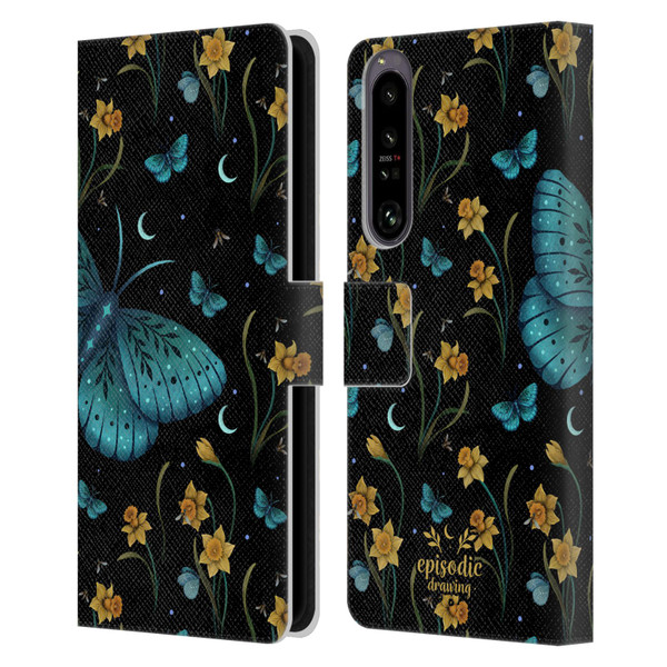 Episodic Drawing Moth Patterns Daffodil Flowers Leather Book Wallet Case Cover For Sony Xperia 1 IV