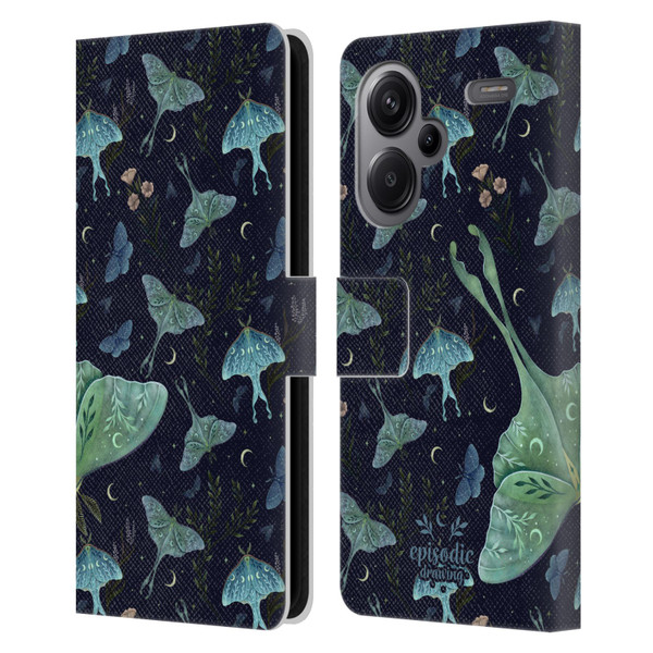Episodic Drawing Moth Patterns Green Leather Book Wallet Case Cover For Xiaomi Redmi Note 13 Pro Plus 5G