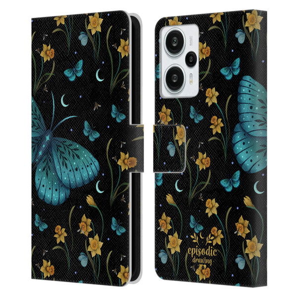 Episodic Drawing Moth Patterns Daffodil Flowers Leather Book Wallet Case Cover For Xiaomi Redmi Note 12T