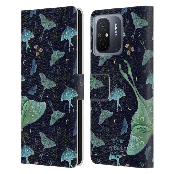 Episodic Drawing Moth Patterns Green Leather Book Wallet Case Cover For Xiaomi Redmi 12C