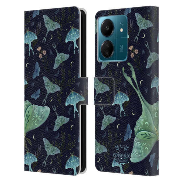 Episodic Drawing Moth Patterns Green Leather Book Wallet Case Cover For Xiaomi Redmi 13C 4G