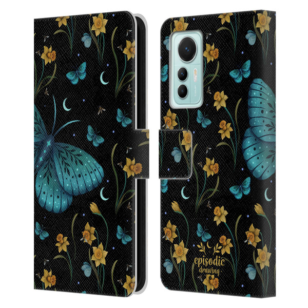 Episodic Drawing Moth Patterns Daffodil Flowers Leather Book Wallet Case Cover For Xiaomi 12 Lite