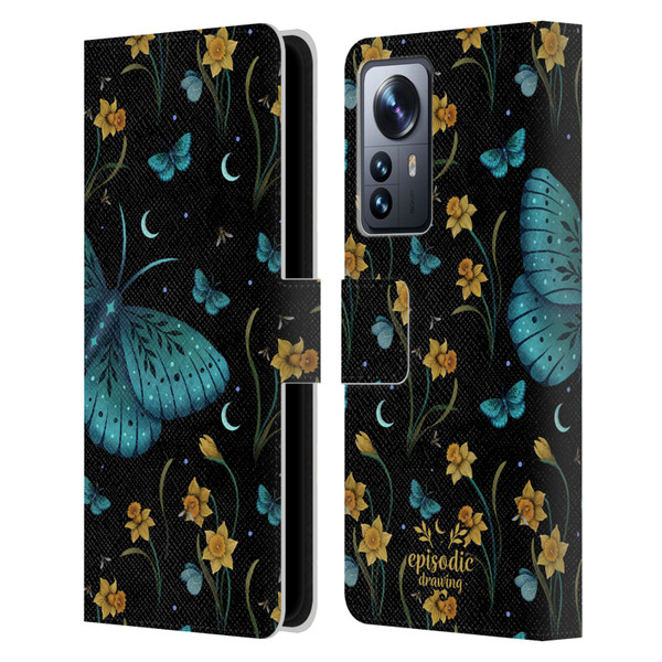 Episodic Drawing Moth Patterns Daffodil Flowers Leather Book Wallet Case Cover For Xiaomi 12 Pro