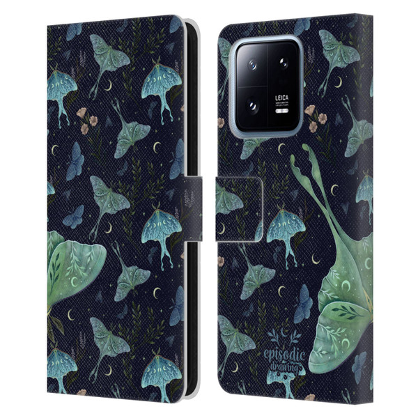 Episodic Drawing Moth Patterns Green Leather Book Wallet Case Cover For Xiaomi 13 Pro 5G