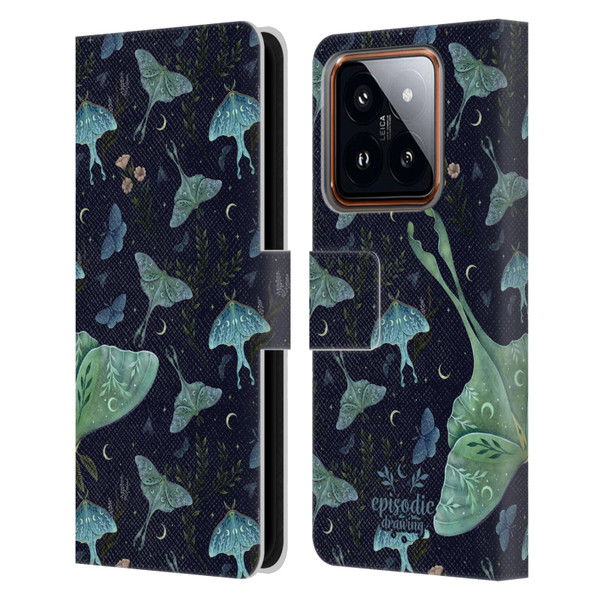 Episodic Drawing Moth Patterns Green Leather Book Wallet Case Cover For Xiaomi 14