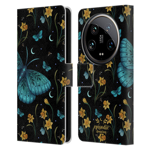 Episodic Drawing Moth Patterns Daffodil Flowers Leather Book Wallet Case Cover For Xiaomi 14 Ultra