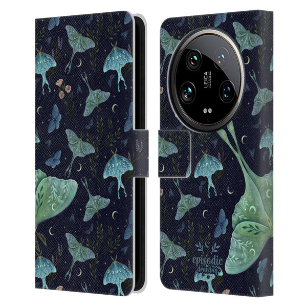 Episodic Drawing Moth Patterns Green Leather Book Wallet Case Cover For Xiaomi 14 Ultra