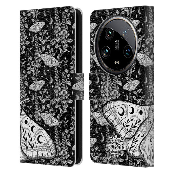 Episodic Drawing Moth Patterns White Leather Book Wallet Case Cover For Xiaomi 14 Ultra
