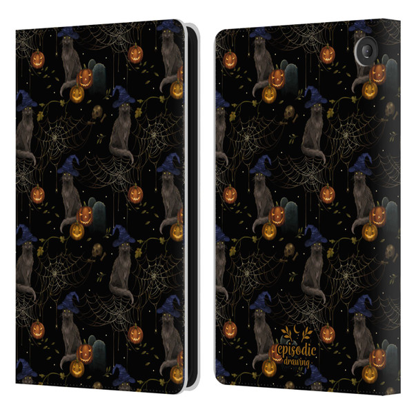Episodic Drawing Spooky Patterns Cat's Halloween Hat Leather Book Wallet Case Cover For Amazon Fire 7 2022