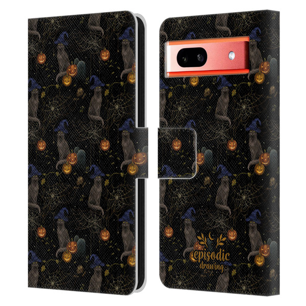 Episodic Drawing Spooky Patterns Cat's Halloween Hat Leather Book Wallet Case Cover For Google Pixel 7a