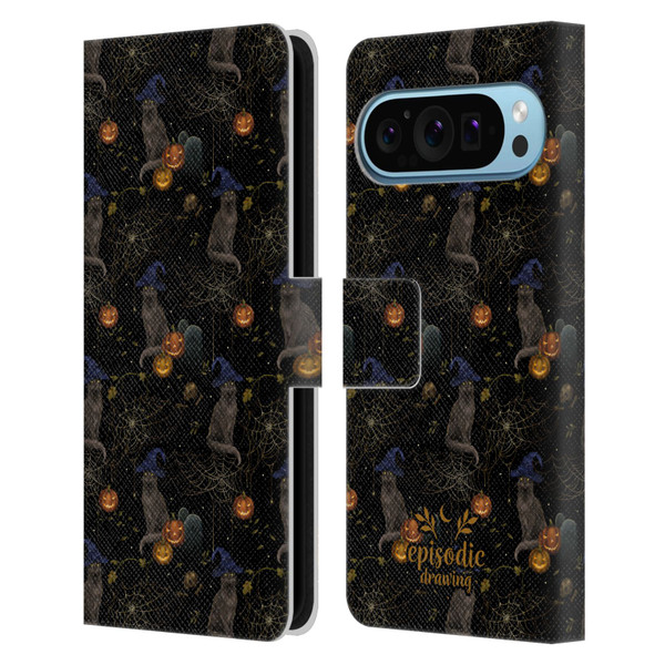 Episodic Drawing Spooky Patterns Cat's Halloween Hat Leather Book Wallet Case Cover For Google Pixel 9 / Pixel 9 Pro