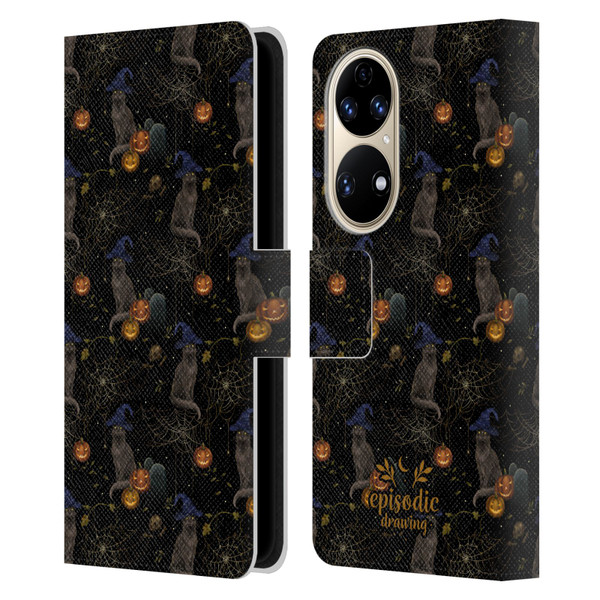 Episodic Drawing Spooky Patterns Cat's Halloween Hat Leather Book Wallet Case Cover For Huawei P50