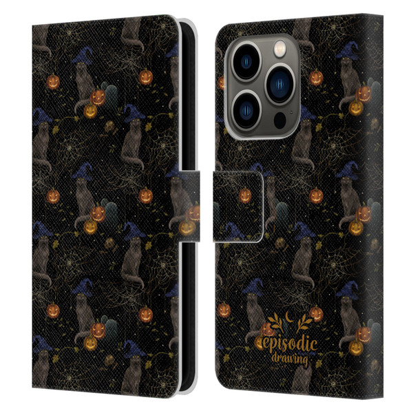 Episodic Drawing Spooky Patterns Cat's Halloween Hat Leather Book Wallet Case Cover For Apple iPhone 14 Pro
