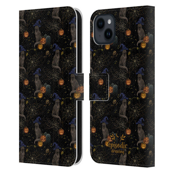 Episodic Drawing Spooky Patterns Cat's Halloween Hat Leather Book Wallet Case Cover For Apple iPhone 15 Plus