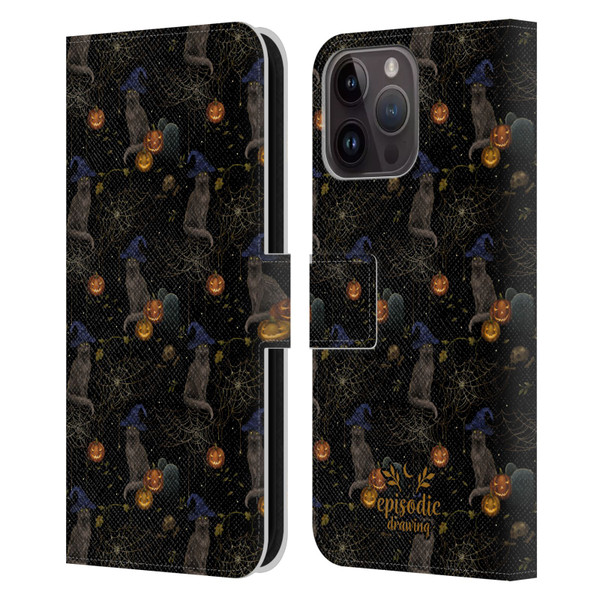 Episodic Drawing Spooky Patterns Cat's Halloween Hat Leather Book Wallet Case Cover For Apple iPhone 15 Pro Max