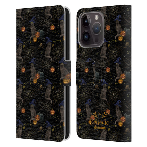 Episodic Drawing Spooky Patterns Cat's Halloween Hat Leather Book Wallet Case Cover For Apple iPhone 15 Pro