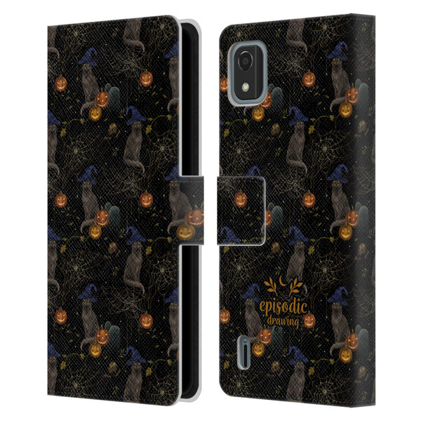 Episodic Drawing Spooky Patterns Cat's Halloween Hat Leather Book Wallet Case Cover For Nokia C2 2nd Edition