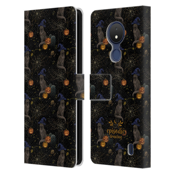 Episodic Drawing Spooky Patterns Cat's Halloween Hat Leather Book Wallet Case Cover For Nokia C21