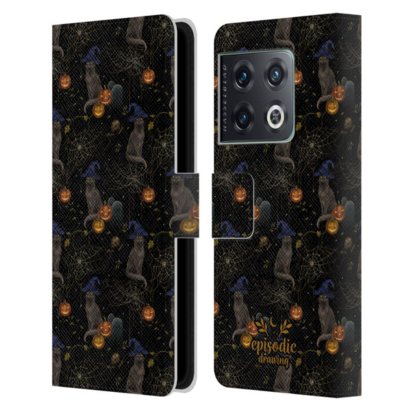 Episodic Drawing Spooky Patterns Cat's Halloween Hat Leather Book Wallet Case Cover For OnePlus 10 Pro