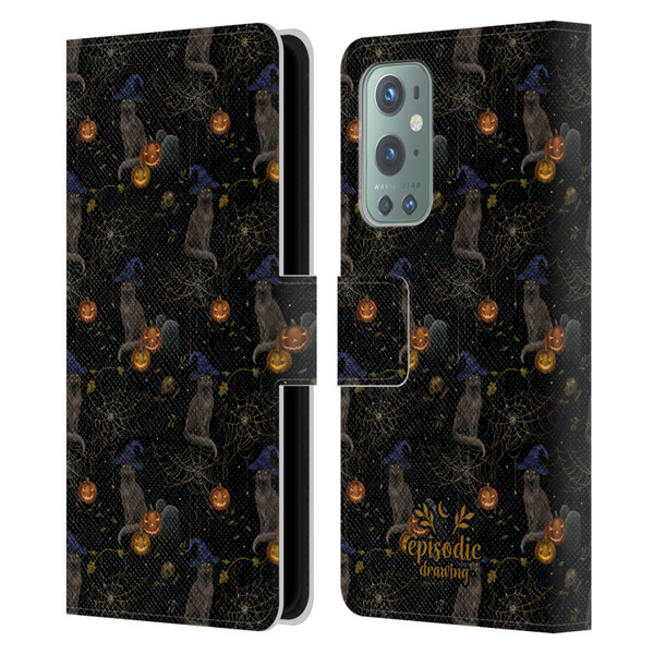 Episodic Drawing Spooky Patterns Cat's Halloween Hat Leather Book Wallet Case Cover For OnePlus 9