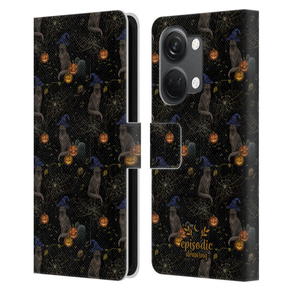 Episodic Drawing Spooky Patterns Cat's Halloween Hat Leather Book Wallet Case Cover For OnePlus Nord 3 5G